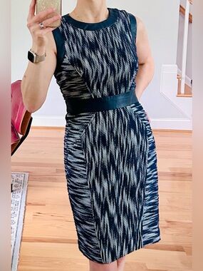 Milly Navy and White Patterned Sleeveless Sheath Dress w/ Leather trim